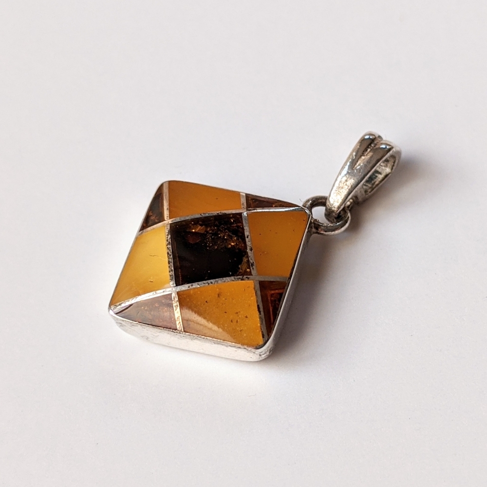 Sterling And Baltic Amber Checkerboard Pendant